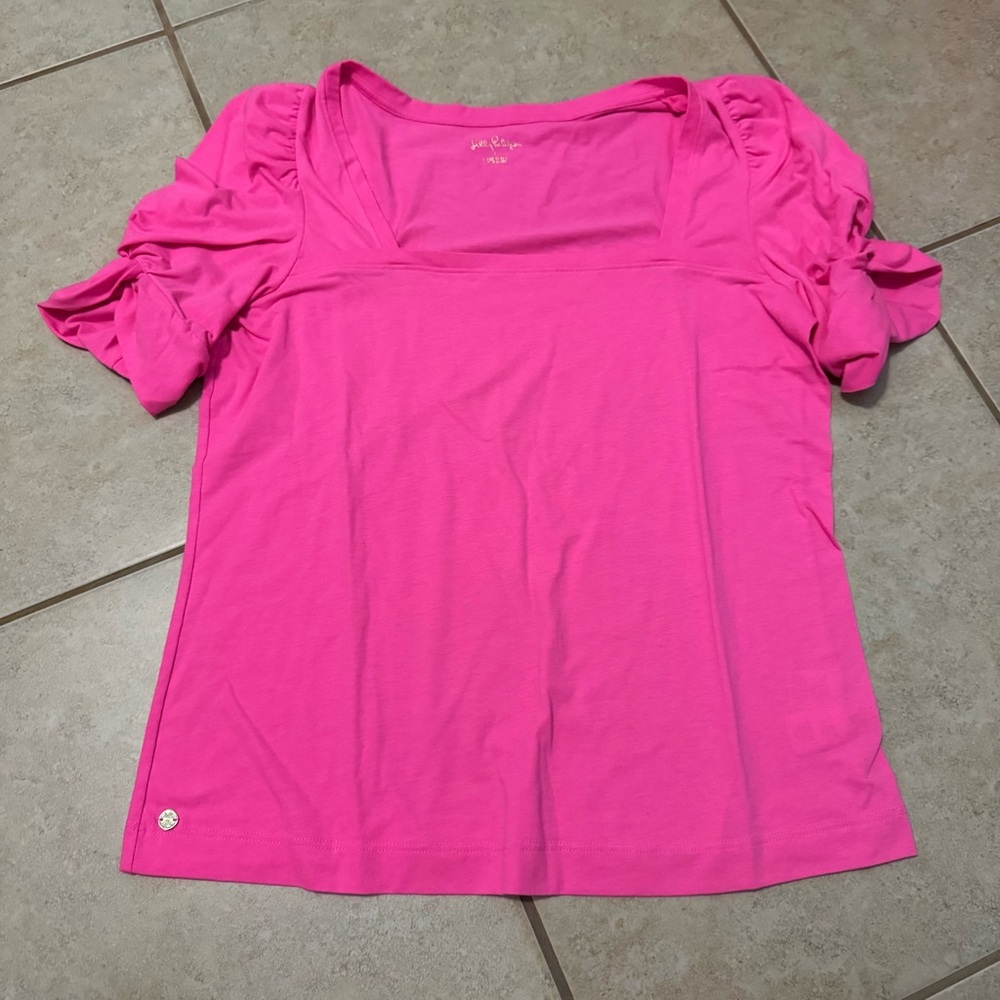 Lilly Pulitzer Hot Pink Square Neck Ruffle Sleeve Top